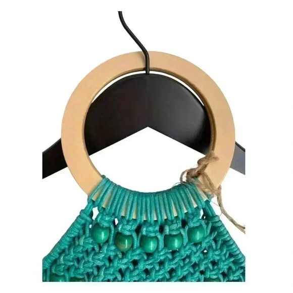 Beaded Purse Teal Large Circle Handles NWOT Macrame - Picture 3 of 7